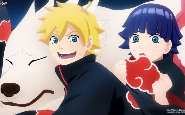 Boruto Uzumaki and Himawari Uzumaki dressed in Akatsuki cloaks with a giant white dog in a vibrant HD anime wallpaper, tagged with Akatsuki, Naruto, Boruto, and Anime background.