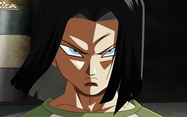 HD desktop wallpaper featuring Android 17 from Dragon Ball Super. The anime character is shown with a serious expression, set against a subtle background.