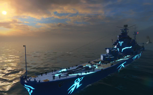HD PC desktop wallpaper of Japanese cruiser Takao with glowing neon hull markings cutting through sunset seas — World of Warships video game background.