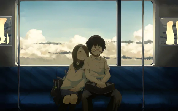 A cozy scene featuring two cute anime characters sitting together on a train, with a serene sky and clouds visible through the window. This HD wallpaper captures a sweet moment beautifully.