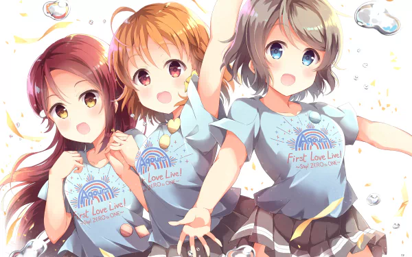 HD PC wallpaper of You Watanabe, Chika Takami, and Riko Sakurauchi from Love Live! Sunshine!! anime, wearing light-blue First Love Live shirts, smiling and reaching toward the viewer.