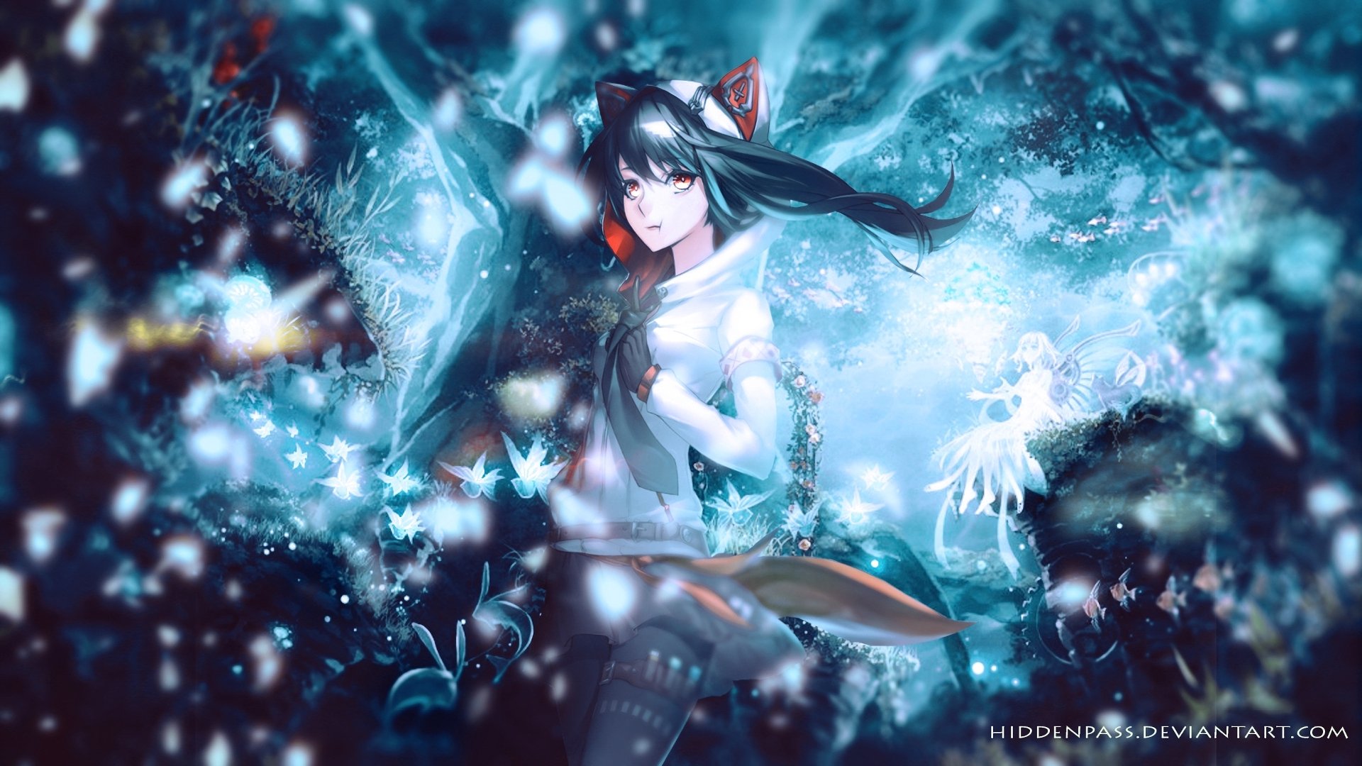 Anime original HD PC desktop wallpaper: fox-eared girl in white dress amid a glowing blue forest, swirling snowflakes and ethereal light.