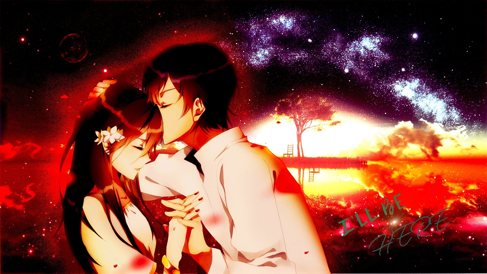 Anime Original HD PC desktop wallpaper/background: romantic couple embracing and kissing by a reflective lake beneath a fiery red-orange sky and starry galaxy, silhouetted tree.