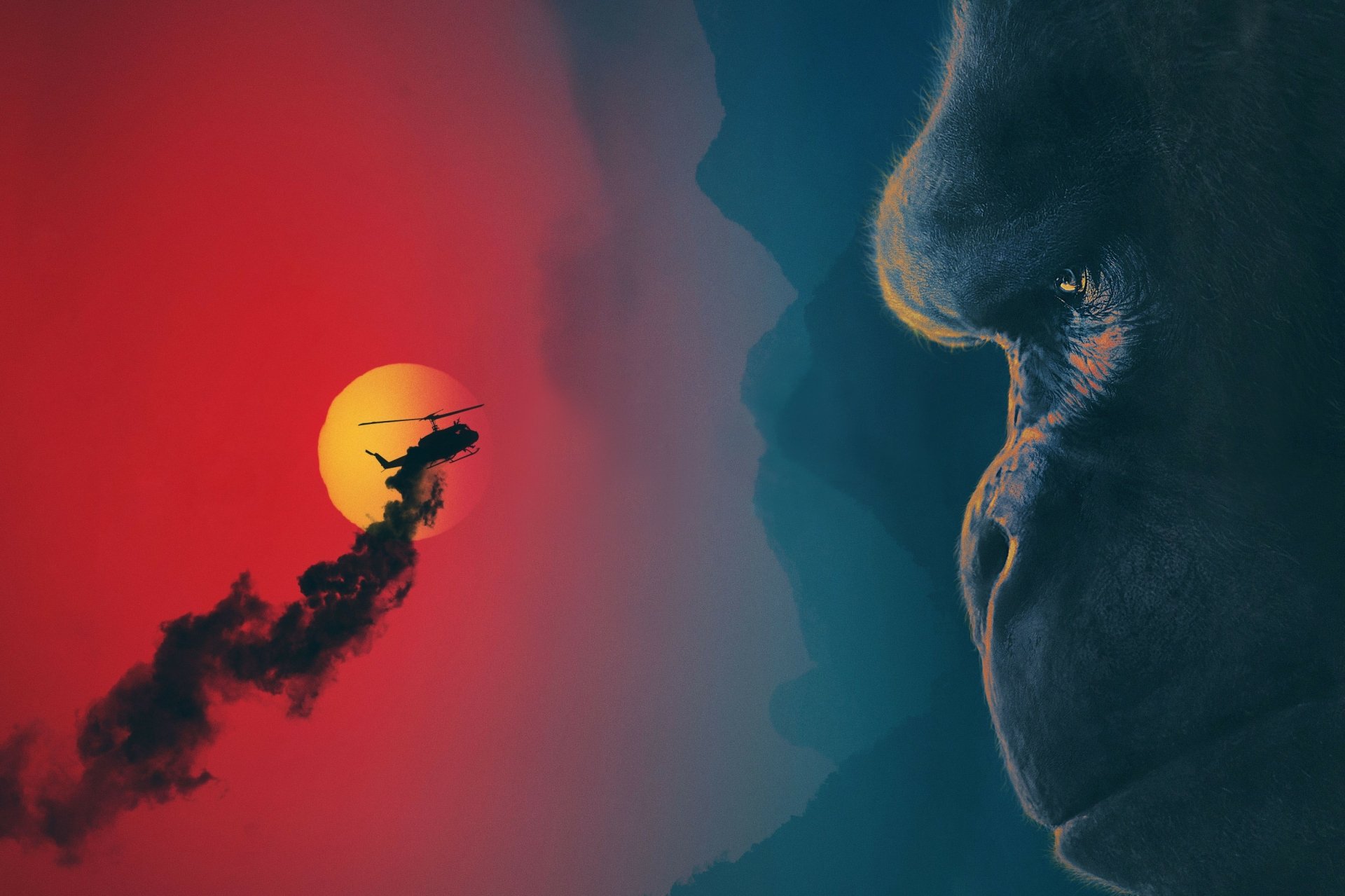 HD desktop wallpaper from the movie Kong: Skull Island, featuring a close-up of Kong’s face and a helicopter silhouetted against a red sunset sky.