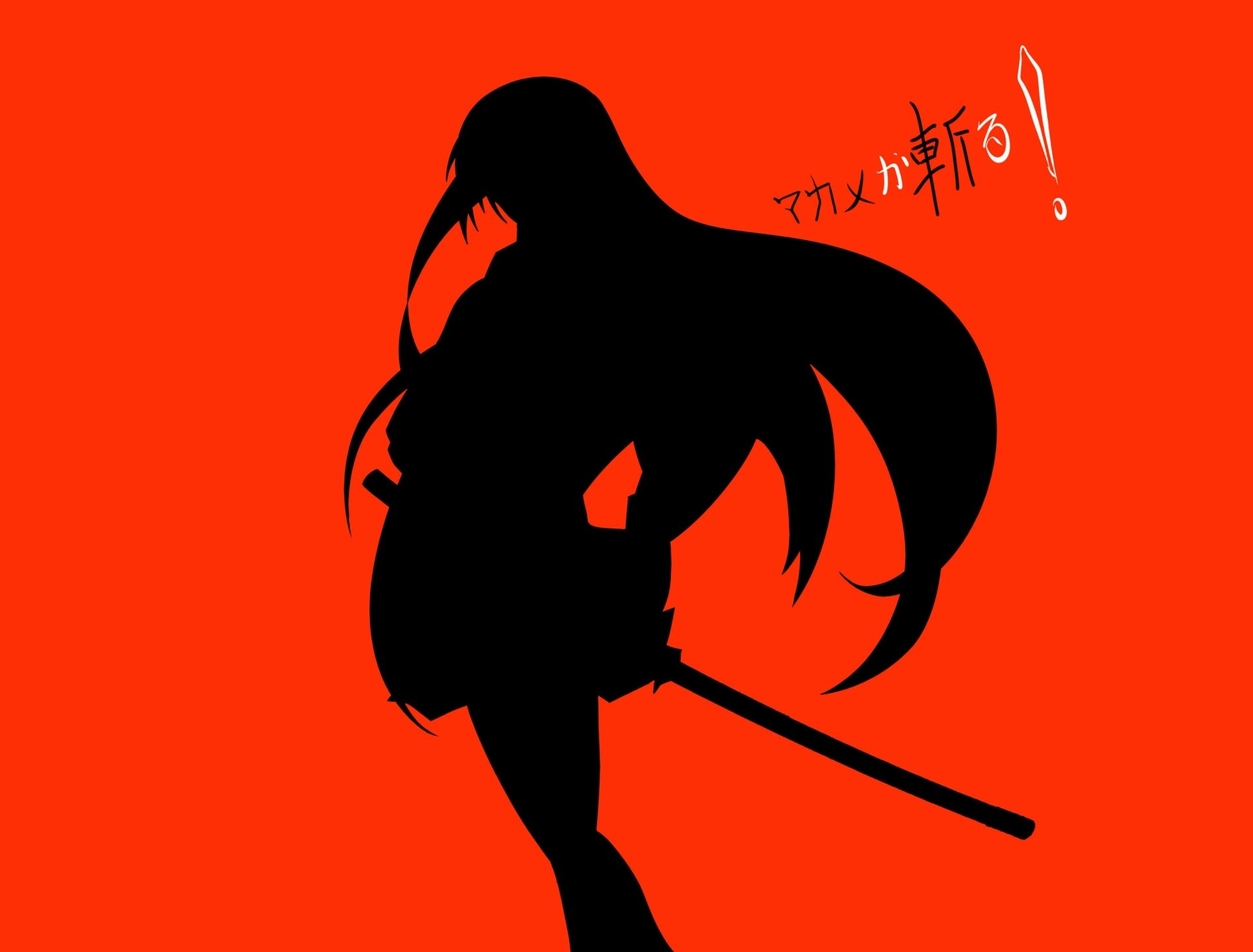 Silhouette of Akame from Akame ga Kill! against a vibrant red background, designed as a 4K Ultra HD anime PC desktop wallpaper.