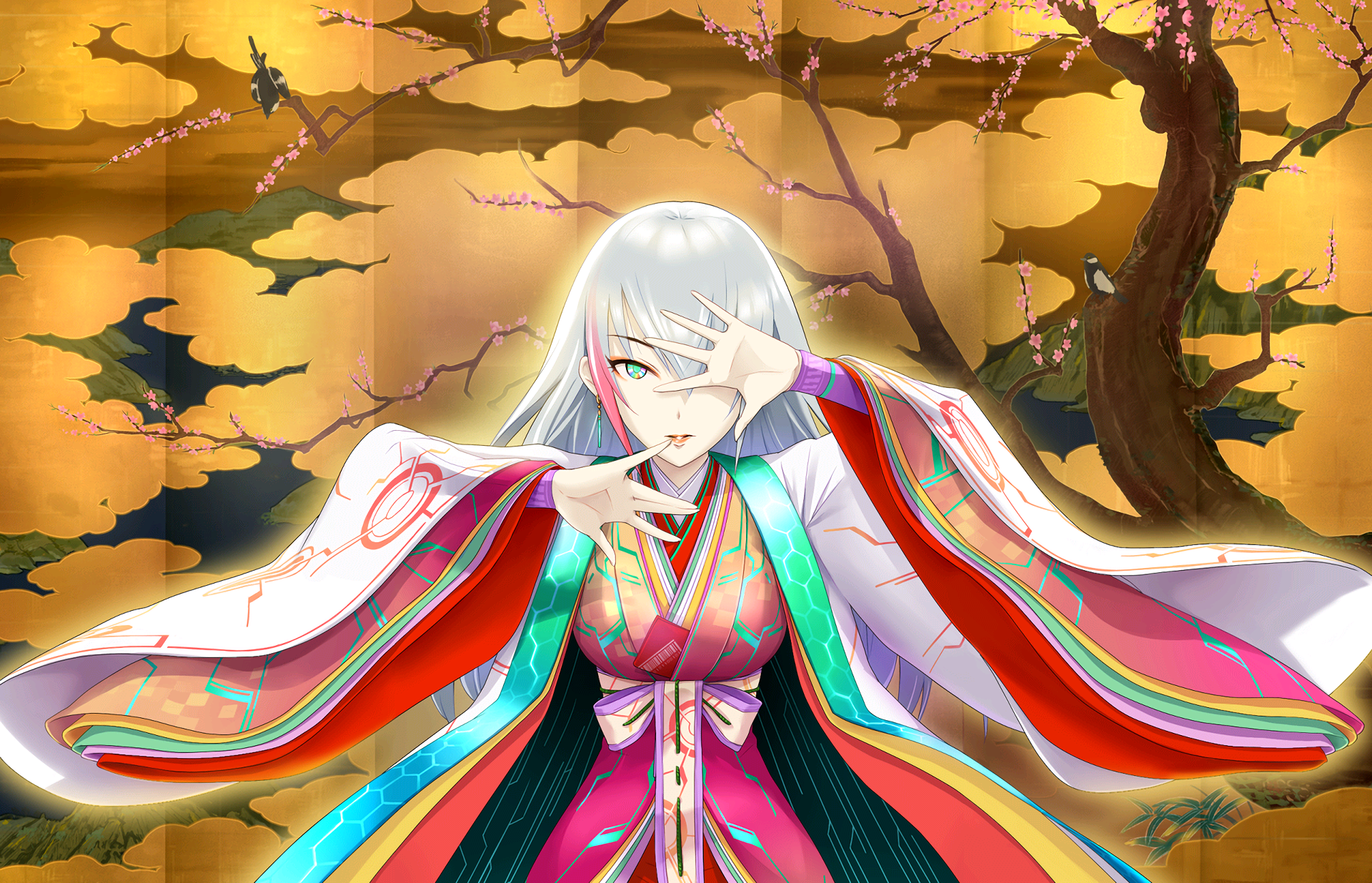 Noa Takigawa from THE iDOLM@STER: Cinderella Girls Starlight Stage in vibrant traditional attire, set against a golden backdrop with cherry blossoms, featured in an HD anime desktop wallpaper.