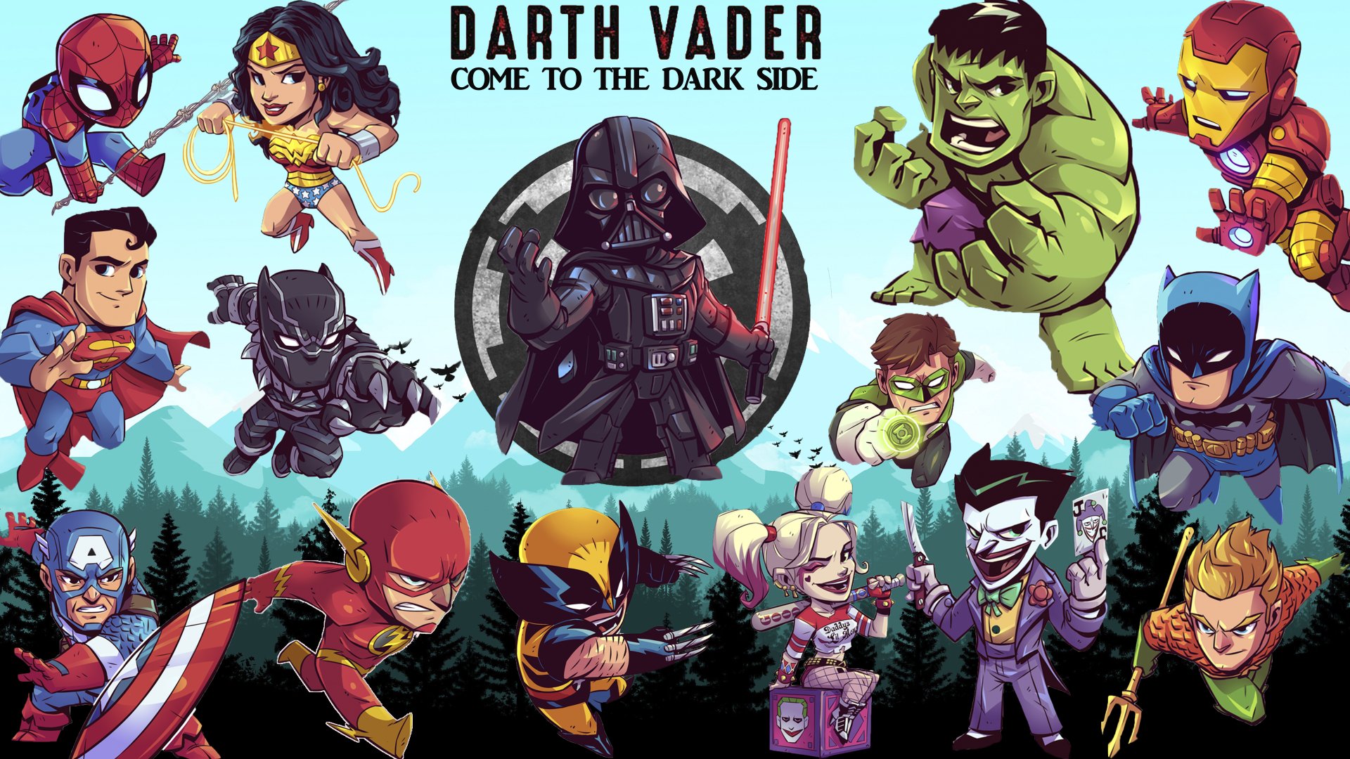 Comic collage featuring chibi-style superheroes and villains surrounding Darth Vader with the text Come to the Dark Side, rendered as an 8K Ultra HD PC desktop wallpaper.