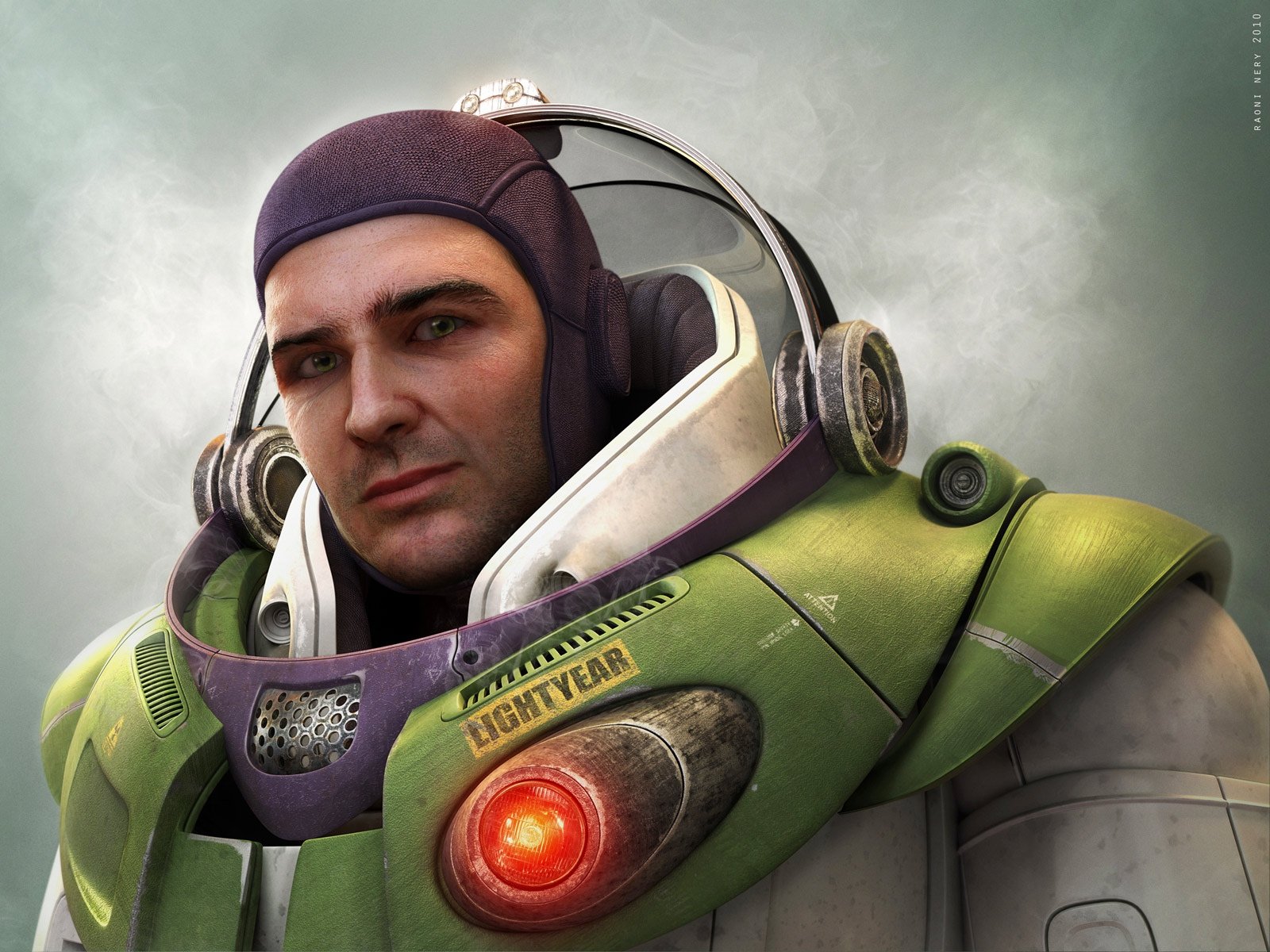 HD PC desktop wallpaper featuring a realistic Buzz Lightyear character from the Toy Story movie, showcasing detailed space suit design and lifelike facial features.
