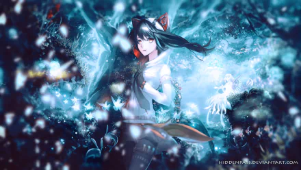 Anime original HD PC desktop wallpaper: fox-eared girl in white dress amid a glowing blue forest, swirling snowflakes and ethereal light.