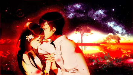 Anime Original HD PC desktop wallpaper/background: romantic couple embracing and kissing by a reflective lake beneath a fiery red-orange sky and starry galaxy, silhouetted tree.