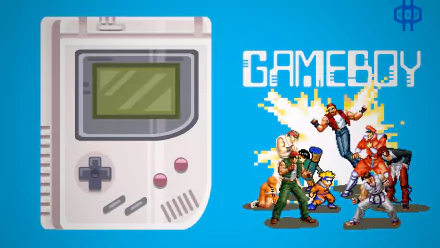 HD desktop wallpaper featuring an 8-bit style Game Boy on the left and various Pokemon characters engaging in action on the right, set against a vibrant blue background with Game Boy text.