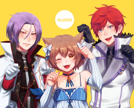 HD anime wallpaper featuring Julius Juukulius, Reinhard van Astrea, and Felix Argyle from Re:Zero - Starting Life in Another World against a bright yellow background.