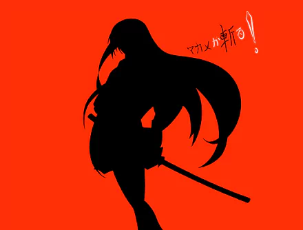 Silhouette of Akame from Akame ga Kill! against a vibrant red background, designed as a 4K Ultra HD anime PC desktop wallpaper.