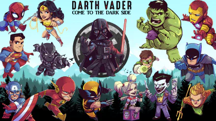 Comic collage featuring chibi-style superheroes and villains surrounding Darth Vader with the text Come to the Dark Side, rendered as an 8K Ultra HD PC desktop wallpaper.