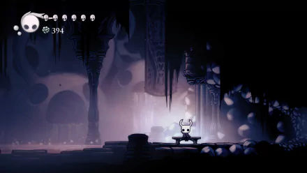 4K Ultra HD Hollow Knight video game wallpaper featuring the protagonist in a dark, atmospheric cavern with detailed shadows and glowing ambient light.