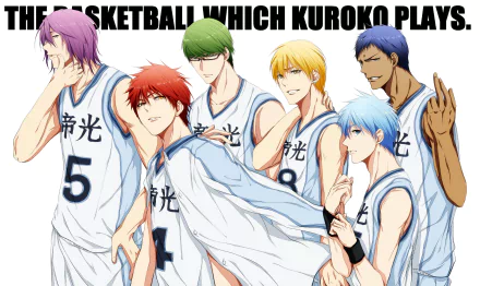 HD desktop wallpaper of Kuroko's Basketball featuring Atsushi Murasakibara, Shintarō Midorima, Tetsuya Kuroko, Ryōta Kise, Daiki Aomine, and Seijūrō Akashi in basketball uniforms.