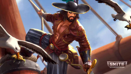 Susano (Smite) as a swashbuckling pirate with a cutlass aboard a ship — HD PC desktop wallpaper background from the video game Smite.