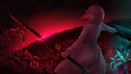 Anime character Hairu Ihei from Tokyo Ghoul:re with red eyes and short pink hair wielding a sword in vibrant red and blue light, featured in an HD desktop wallpaper.