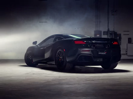 HD desktop wallpaper featuring a sleek black McLaren 675LT supercar in a dimly lit garage, highlighting its aggressive design and performance-focused build.