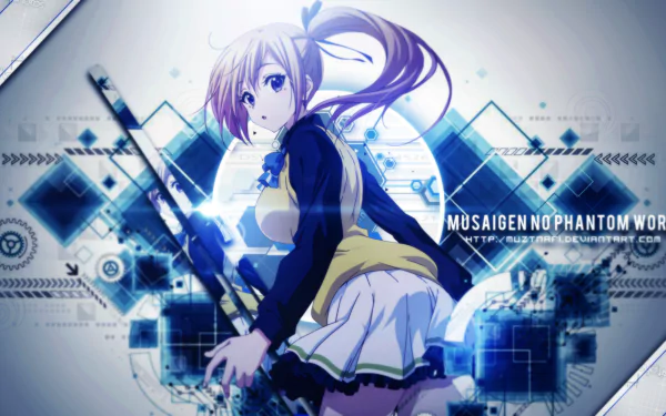 HD desktop wallpaper of an anime character from Myriad Colors Phantom World, featuring a girl with a ponytail and a weapon against a blue, futuristic background.