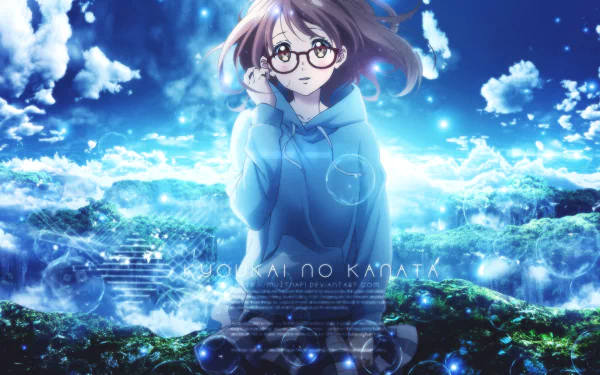 HD desktop wallpaper featuring Mirai Kuriyama from Kyoukai no Kanata (Beyond the Boundary) anime. Mirai stands amidst a serene, blue-hued landscape under a cloudy sky.