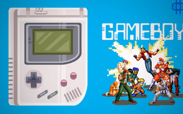 HD desktop wallpaper featuring an 8-bit style Game Boy on the left and various Pokemon characters engaging in action on the right, set against a vibrant blue background with Game Boy text.