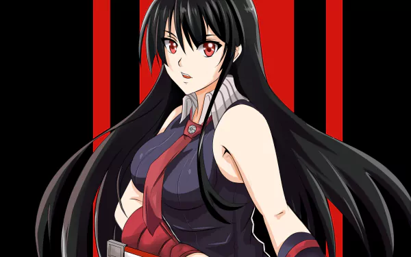 HD desktop wallpaper featuring Akame from the anime Akame ga Kill! with a red and black striped background.