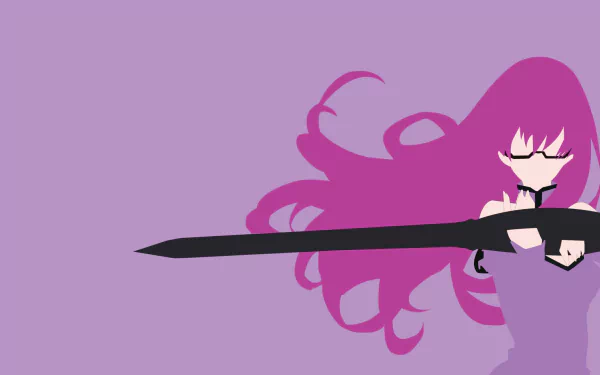 HD PC desktop wallpaper of Sheele from Akame ga Kill!, featuring her with flowing hair and a large sword against a purple background in anime style.