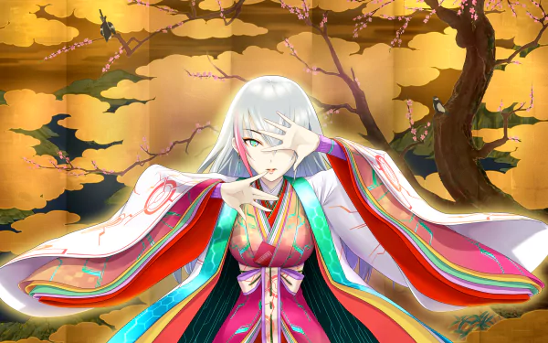 Noa Takigawa from THE iDOLM@STER: Cinderella Girls Starlight Stage in vibrant traditional attire, set against a golden backdrop with cherry blossoms, featured in an HD anime desktop wallpaper.