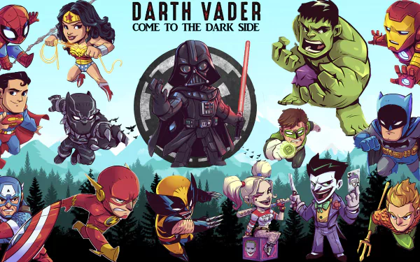 Comic collage featuring chibi-style superheroes and villains surrounding Darth Vader with the text Come to the Dark Side, rendered as an 8K Ultra HD PC desktop wallpaper.