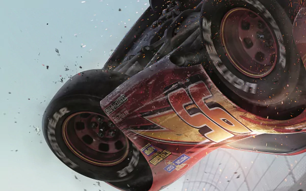 HD desktop wallpaper featuring Lightning McQueen from the movie Cars 3, depicted in mid-air action with debris flying around, showcasing dynamic and intense racing moments.