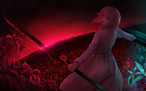 Anime character Hairu Ihei from Tokyo Ghoul:re with red eyes and short pink hair wielding a sword in vibrant red and blue light, featured in an HD desktop wallpaper.