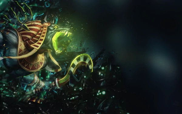 HD PC desktop wallpaper featuring Anubis from the video game Smite, showcasing the character in dynamic, dark, and glowing green tones.