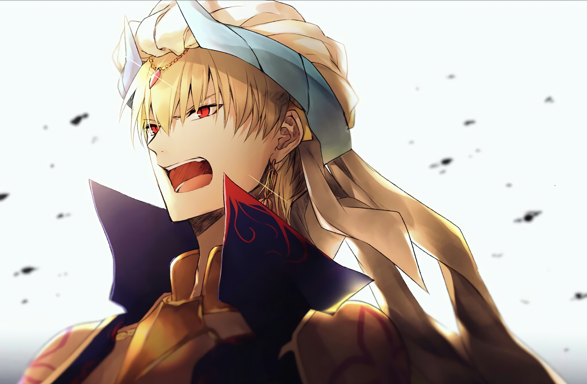 HD PC desktop wallpaper featuring an anime character from Fate/Grand Order with golden armor, a blue headband, and fiery red eyes against a bright, minimal background.