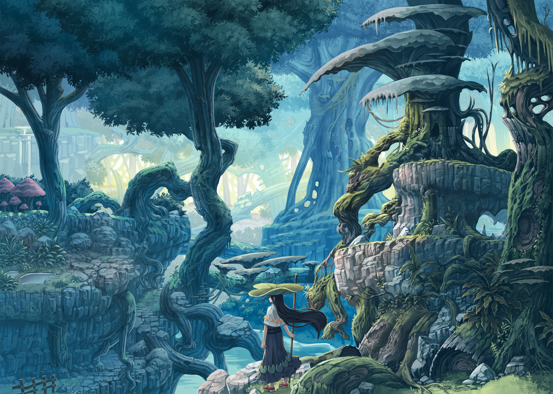 Anime character with long black hair standing amidst a mystical forest with lush trees and towering, intricately twisted vegetation. HD desktop wallpaper and background.