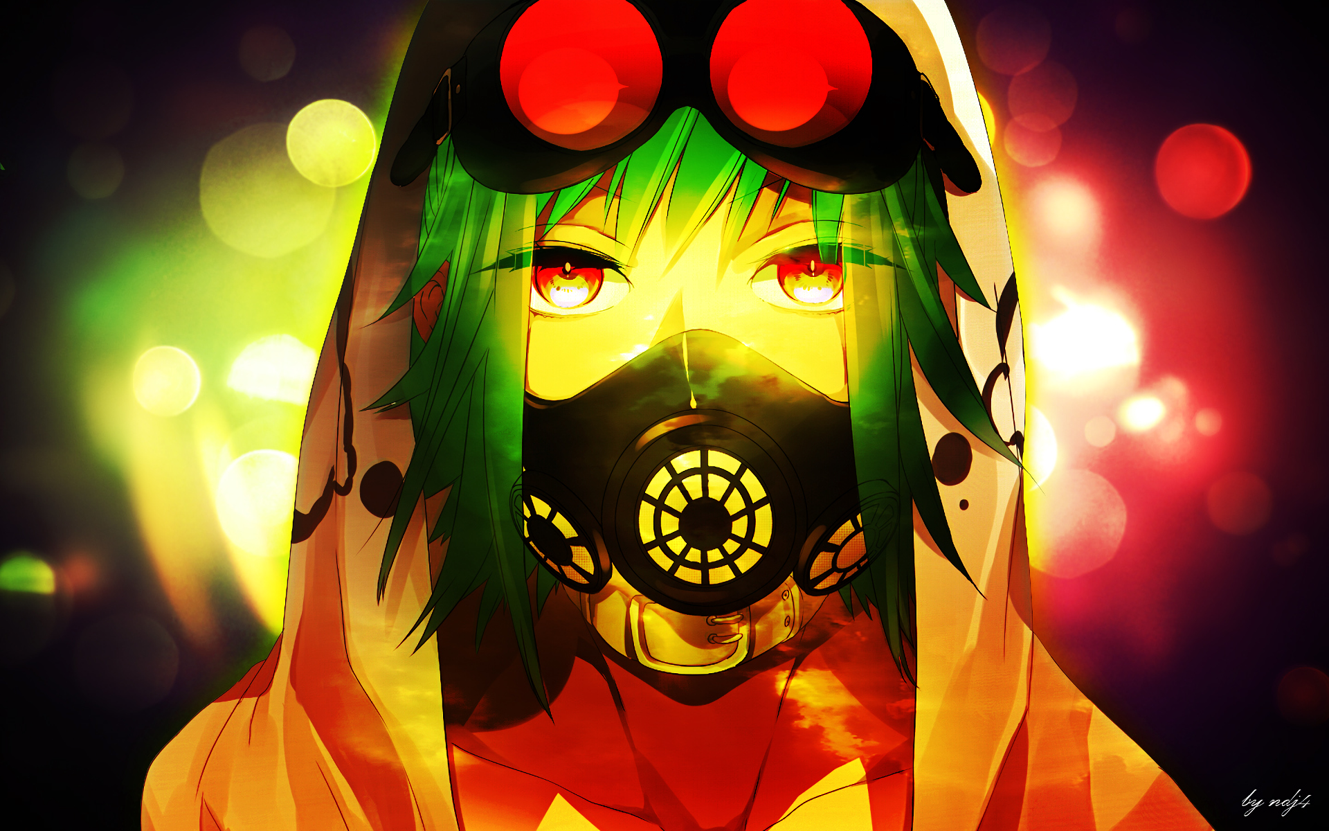 HD anime desktop wallpaper featuring GUMI from Vocaloid wearing a hood and gas mask, illuminated by vibrant green and red lights.
