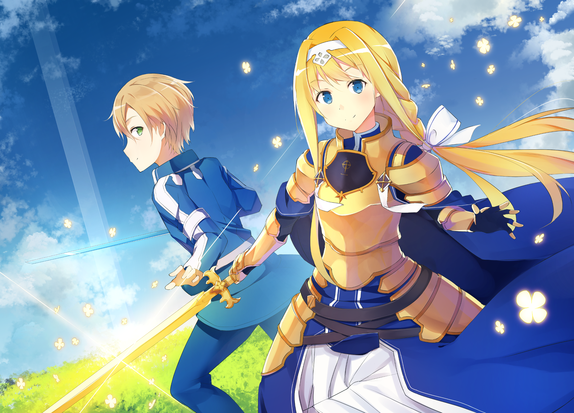 HD PC desktop wallpaper from the anime Sword Art Online: Alicization, featuring two characters in action poses under a bright blue sky with glowing yellow petals.