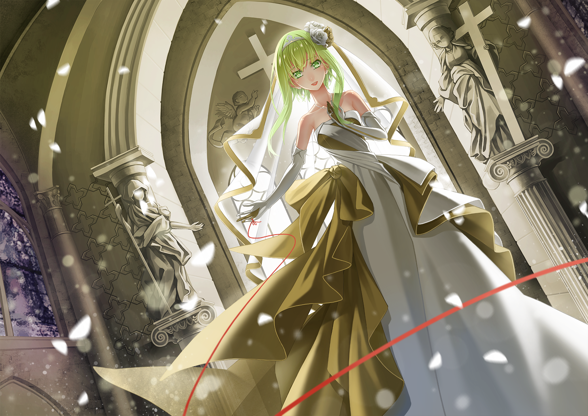 HD PC desktop wallpaper featuring GUMI from Vocaloid in an elegant gown, standing in a grand, cathedral-like setting with statues and soft lighting.