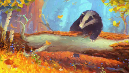 HD desktop wallpaper painting of a badger resting on a log in a colorful forest, blending artistic brushstrokes with vibrant autumn hues and natural details.