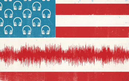NSA-themed HD desktop wallpaper with a stylized American flag overlayed by audio waveforms and surveillance headsets.
