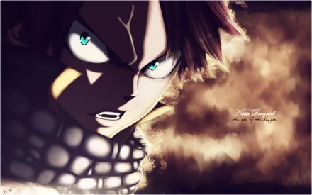 HD PC desktop wallpaper featuring Natsu Dragneel from the anime Fairy Tail with intense expression and fiery background.