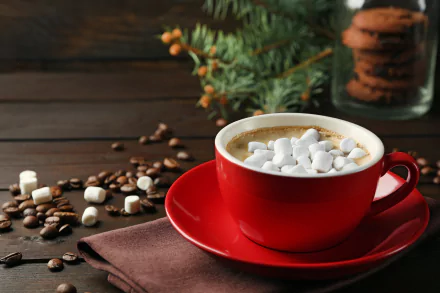 A 4K Ultra HD desktop wallpaper featuring a red cup filled with hot chocolate topped with marshmallows, surrounded by coffee beans and cookies on a wooden table.