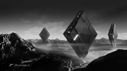 Black and white sci-fi HD desktop wallpaper featuring floating geometric shapes over a mountainous landscape, blending themes of music and advanced technology by Axtone.