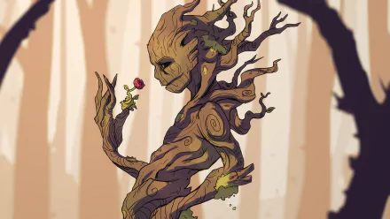 HD desktop wallpaper featuring Groot from Guardians of the Galaxy, illustrated in a comic style, holding a small flower in a serene forest.