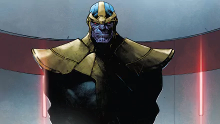 HD desktop wallpaper and background featuring an imposing comic depiction of Thanos, showcasing his armor and grim expression against a dimly lit backdrop.