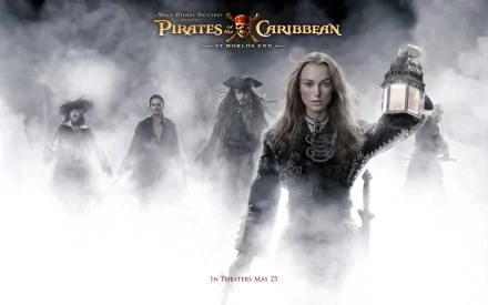 HD desktop wallpaper featuring characters from Pirates of the Caribbean: At World's End including Captain Sao Feng, Will Turner, Jack Sparrow, Hector Barbossa, and Elizabeth Swann emerging from fog.