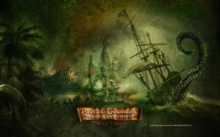 A dramatic HD wallpaper from Pirates of the Caribbean: Dead Man's Chest, featuring a turbulent sea, towering ships, and a menacing sea creature amidst a lush, ominous backdrop.