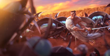 A high-definition desktop wallpaper featuring Samurai Jack from the TV show Samurai Jack, depicted mid-battle against numerous foes under an orange-hued sky.