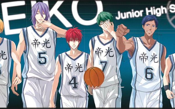 HD desktop wallpaper featuring Atsushi Murasakibara, Shintarō Midorima, Tetsuya Kuroko, Ryōta Kise, Daiki Aomine, and Seijūrō Akashi from the anime Kuroko's Basketball in their basketball uniforms.
