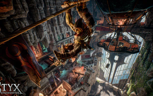 HD wallpaper of Styx: Shards of Darkness, featuring the titular character hanging from a structure in a detailed fantasy environment.